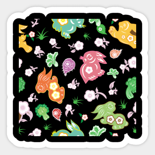 Playful bunnies with cherry blossom,  radish and cabbage seamless repeat pattern Sticker